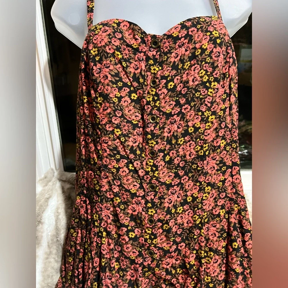 Free people floral bodice button front tank lace up back